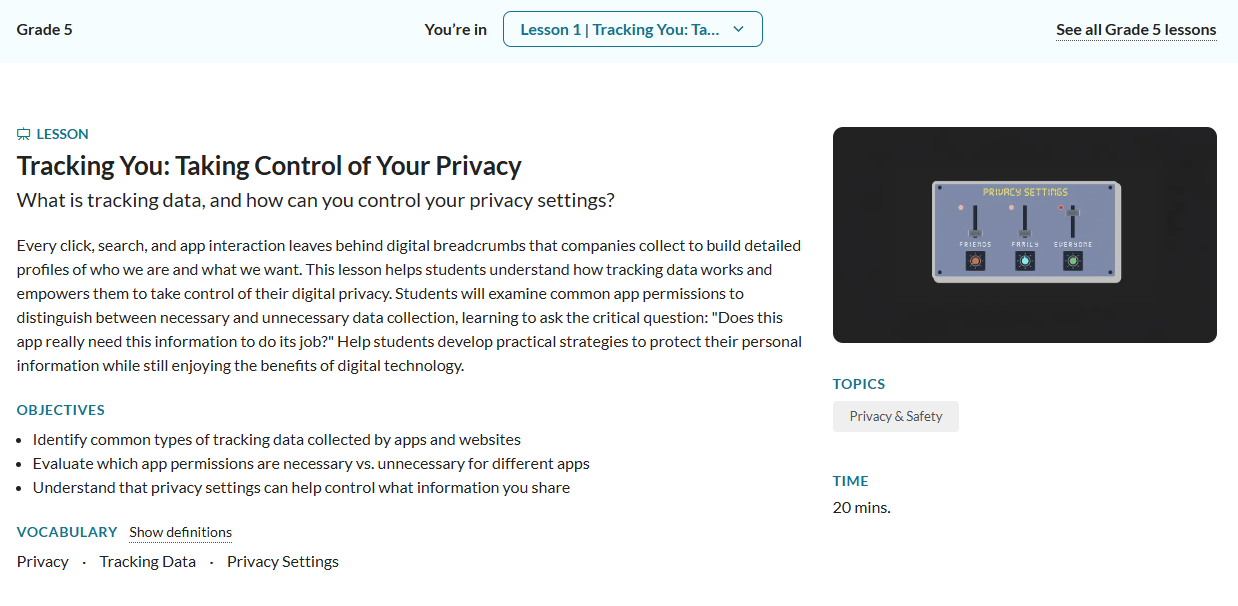 Connecticut Model Digital Literacy & Well-Being for Grade 5, Tracking ...